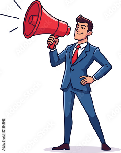 Cartoon announcer holding megaphone, confident speaker illustration, public communication vector art, marketing clipart, leadership concept, promotion and motivational speaking design