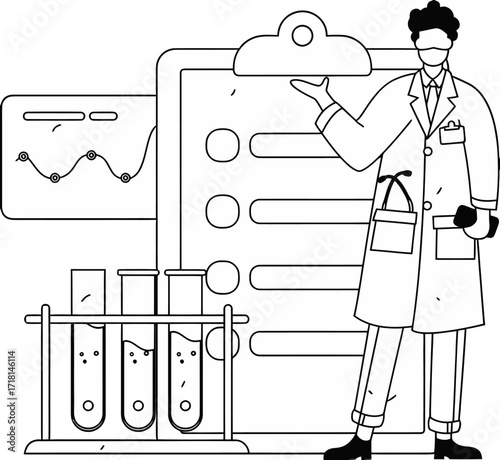 Design scientist research lab test tubes experiment science medical report data analysis healthcare worker verctor art illustration png