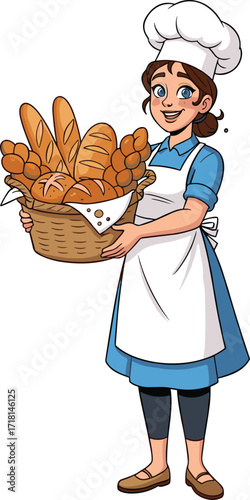 Cartoon baker holding bread basket, smiling chef character illustration, bakery vector art, traditional baking clipart, food industry concept, culinary profession design