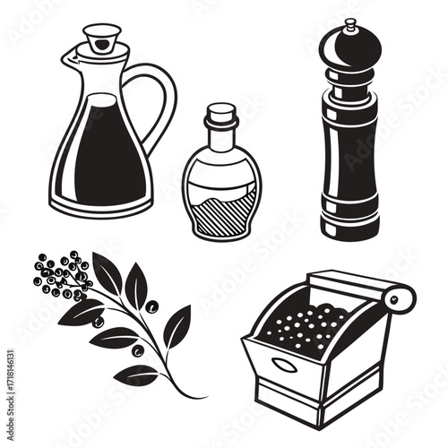 Black and White Illustrations of Kitchen Condiments and Spices