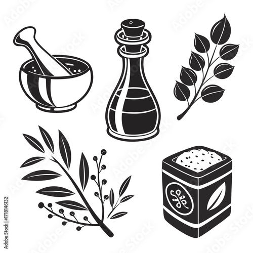 Black and White Illustrations of Spices Herbs and Oils