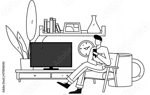 Design man relaxing with coffee at home watching tv and using phone in living room with furniture design verctor art illustration png