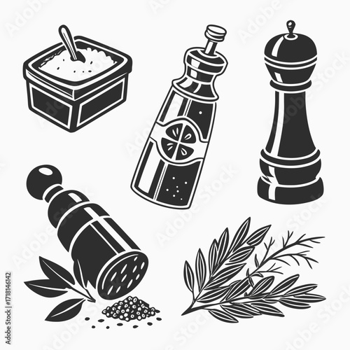 Black and White Illustrations of Spices Seasonings and Condiments