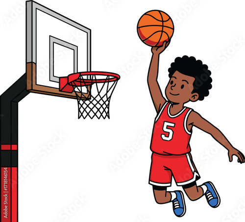 Cartoon basketball player mid-air dunking ball, wearing red jersey number 5, sports action pose, isolated on white background, vector illustration
