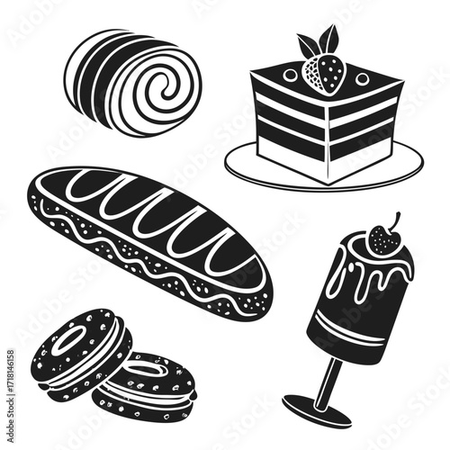 Black and White Pastry and Dessert Icons Keywords: cake slice, cake, strawberry, eclair, macaron