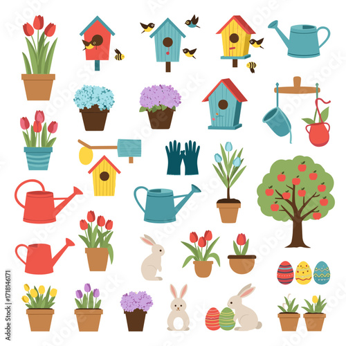 A collection of springtime garden and Easter themed illustrations including potted flowers birdhouses and bunnies.