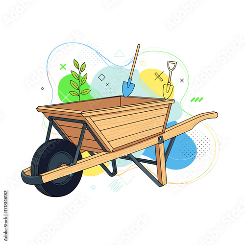 A wooden wheelbarrow with gardening tools and plants on an abstract background.