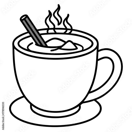 Flat hot chocolate with cinnamon sticks