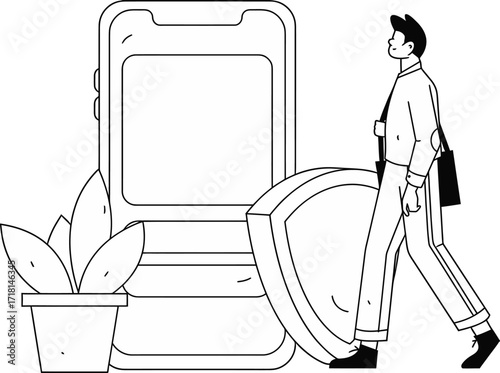 Design mobile security app data protection privacy secure online safety shield man plant technology design verctor art illustration png