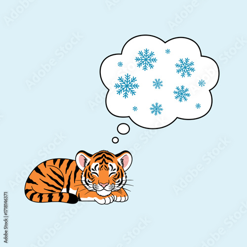 A cute baby tiger dreams of snowflakes falling gently during winter.