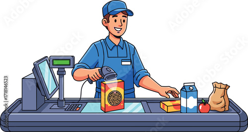 Cartoon cashier scanning groceries at checkout counter, supermarket staff illustration, retail service vector art, grocery store clipart, shopping payment concept, food purchase scene