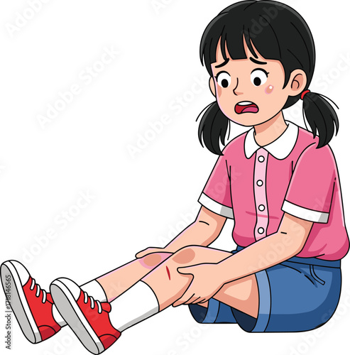 Cartoon girl sitting with injured knee, holding leg in pain, emotional expression, isolated on white background, vector illustration for safety