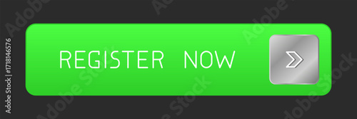Modern green rounded CTA button with shine, "Register now" text, arrow icon, web UI element for landing pages, mobile apps or banners.