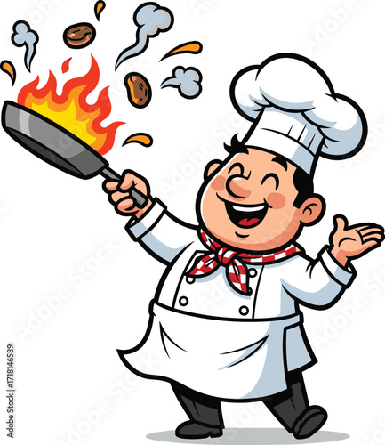 Cartoon chef cooking with frying pan, smiling cook illustration, culinary vector art, restaurant kitchen clipart, gourmet food preparation concept, professional cooking character design