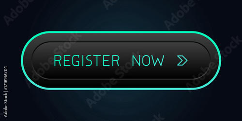Modern black and neon green rounded CTA button with shine, "Register now" text, arrow icon, web UI element for landing pages, mobile apps or banners.