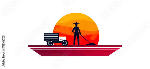 Farmer silhouette sunset scene