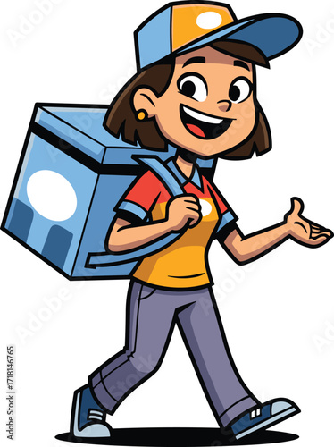 Cartoon delivery person walking with backpack, courier character illustration, shipping service vector art, logistics clipart, express parcel delivery concept, transportation and distribution design