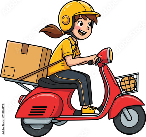Cartoon delivery person riding scooter, courier service illustration, fast shipping vector art, package delivery clipart, express transport concept, food and parcel delivery design