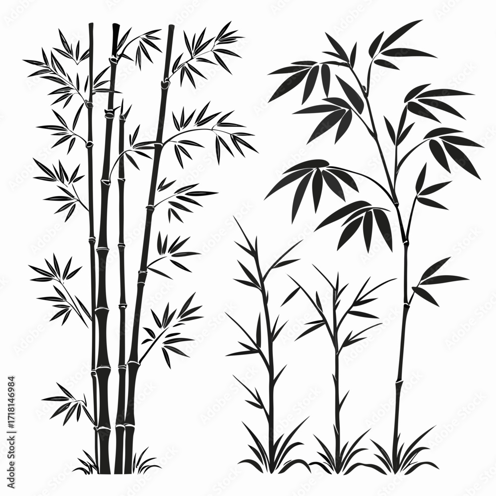 Naklejka premium Black Silhouette Bamboo Stalks And Leaves On White Background
