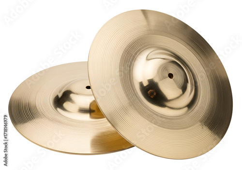 Two golden cymbals sit atop a dark background, showcasing their smooth, ribbed surfaces and central holes.