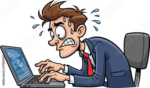 Cartoon stressed office worker with laptop error, computer problem illustration, workplace frustration vector art, technology failure clipart, deadline pressure and IT issue design