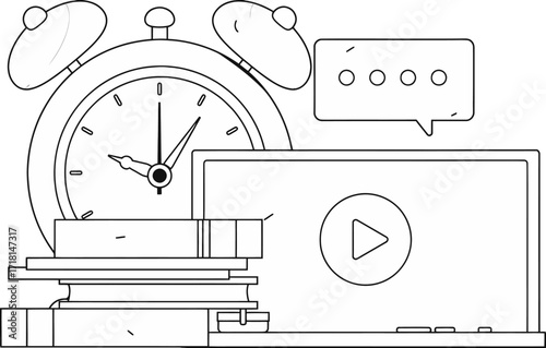 Design online learning time management education study books clock video tutorial knowledge skill development verctor art illustration png