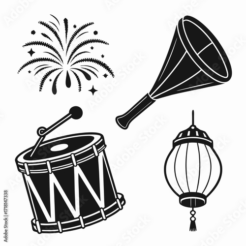 Black silhouette icons of drum, horn, lantern, and fireworks