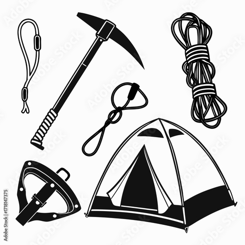 Black silhouette icons of mountaineering and camping gear