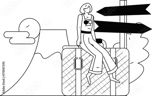 Design woman travel suitcase adventure journey vacation mountain signpost destination exploration trip tourism  100 verctor art illustration png
