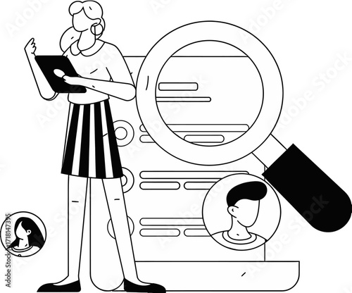 Design woman reviewing resumes with magnifying glass for job search recruitment hiring process candidate selection verctor art illustration png