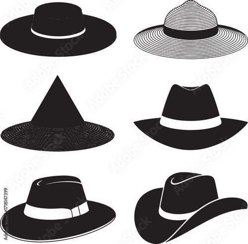 Assortment of Sun Hats with Wide Brims in Black and White Style for Summer Apparel