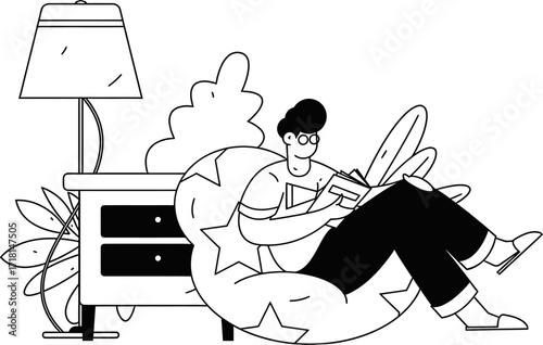 Design man reading book in chair with lamp and table illustration monochrome vector design graphic art style 100 verctor art illustration png