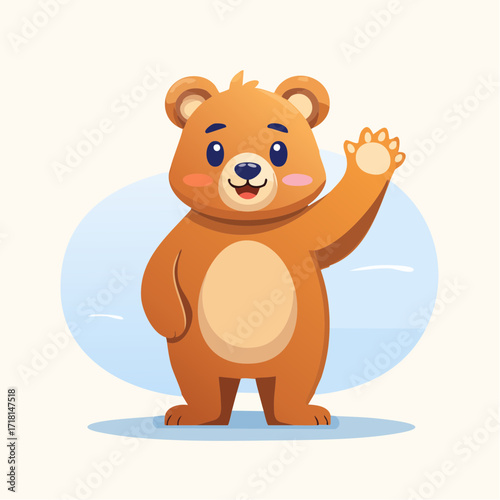 Cute cartoon bear waving its paw, smiling with a friendly expression, set against a blue background.