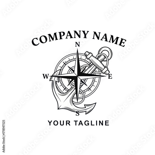 Nautical Compass and Anchor Logo Design with Placeholder Text for Company Branding and Tagline on White Background, Flat Vector Elements, Vector Illustration, Simple Vector, Stylized Vector Drawing,