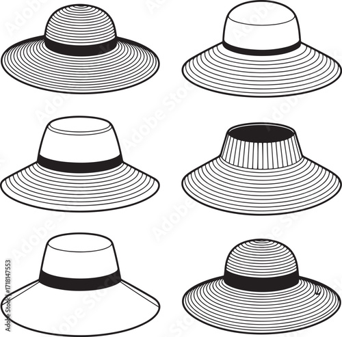 Collection of Wide Brimmed Hats in Black and White Style for Summer or Sun Protection