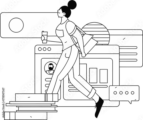 Design woman walking over books with coffee and bag with data charts and profile information illustration verctor art illustration png