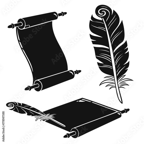 Black silhouette of a large scroll and quill pens Keywords: quill pen, feather, scroll