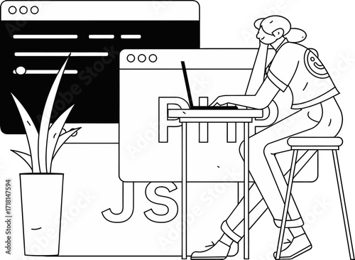 Design programmer working on laptop coding javascript php developer web development software engineer technology job verctor art illustration png