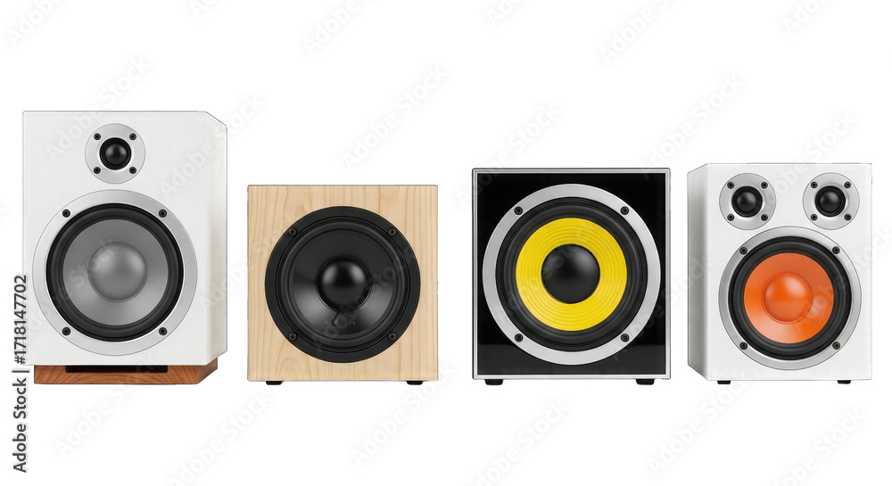 Fototapeta premium Four Different Speaker Boxes on Black Background audio isolated on a transparent background