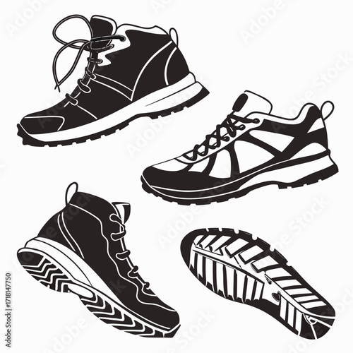 Black silhouette of hiking boots and shoe sole footwear