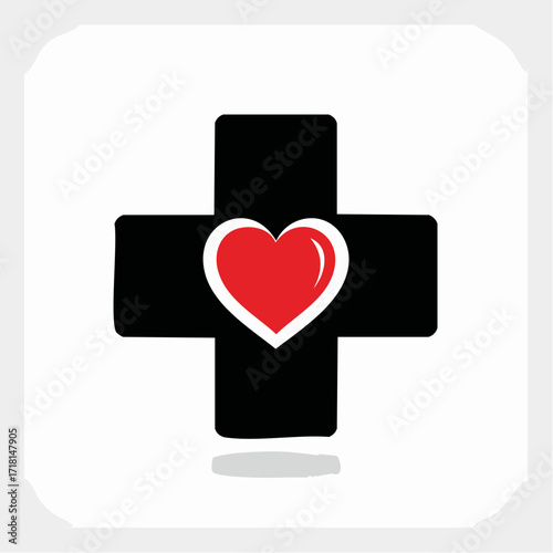 Black cross with red heart in the center.