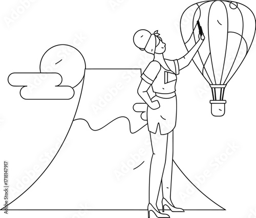 Design woman balloon travel adventure mountain cloud sun design vacation tourism journey exploration destination trip verctor art illustration png