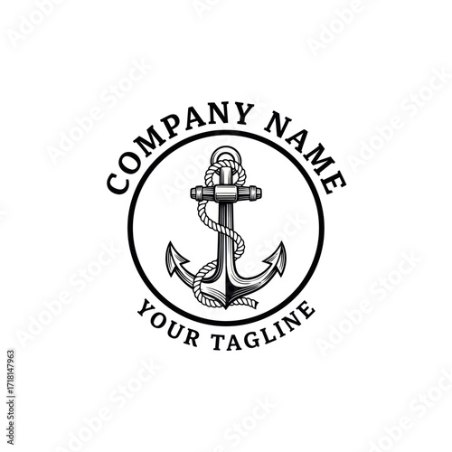 Nautical Anchor Logo Design with Rope and Curved Text, Black and White Marine Emblem Template on White Background, Flat Vector Elements, Vector Illustration, Simple Vector, Stylized Vector Drawing,
