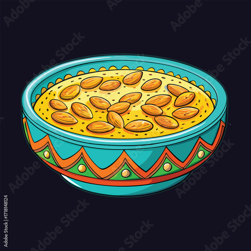 Cartoon bowl of porridge with almonds and decorative rim