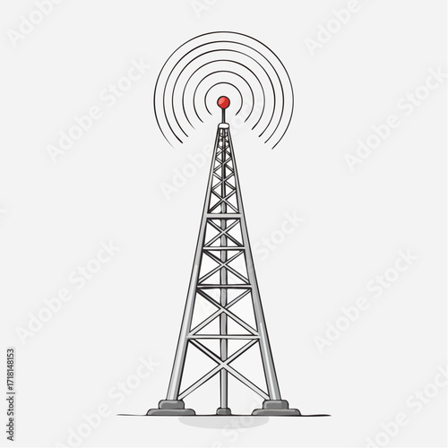 A detailed illustration of a radio tower emitting radio waves, symbolizing communication and broadcasting.