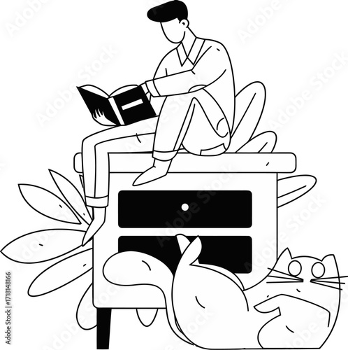 Design man reading book on dresser with cat illustration black and white minimalist design vector art drawing verctor art illustration png