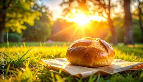 Fototapeta Naklejka Na Ścianę i Meble -  Golden bread in a park at sunset