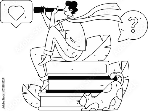 Design man with telescope sitting on books looking for love and answers vector illustration graphic design verctor art illustration png