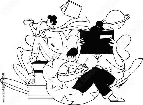 Design illustration of education learning knowledge reading books students studying telescope and planet design verctor art illustration png