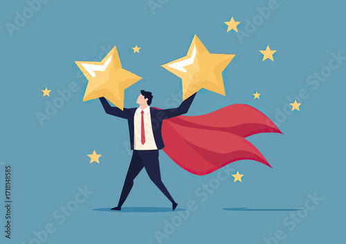 Businessman superhero with red cape holding large golden stars symbolizing excellence success and top quality rating concept flat vector illustration